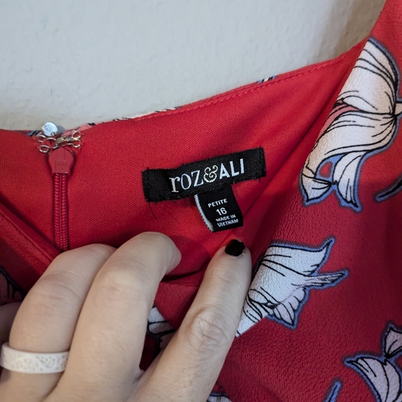 Roz & Ali Red Floral Midi Cold Shoulder Dress Size 16 - Picture 5 of 9